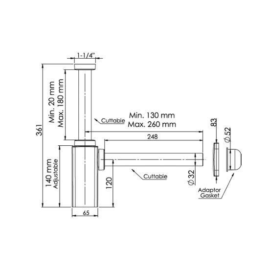 Универсальный сифон для раковины Quad 1-1/4" 200-250 мм, квадратный, черный Sanpreis 240005 фото